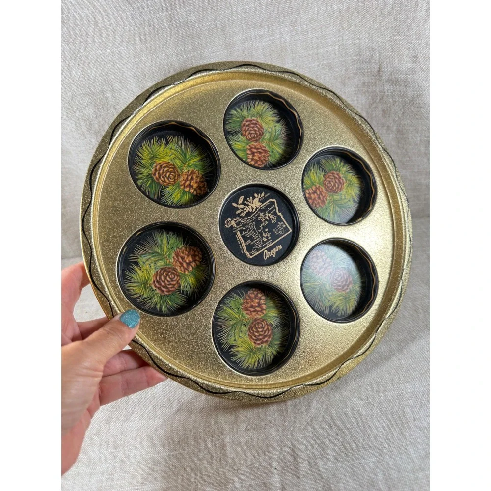 Vintage Oregon Pinecone Coaster Tray Set Gold Metal Barware 1960s MCM